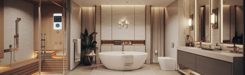 Luxurious modern bathroom with bathtub and sauna.