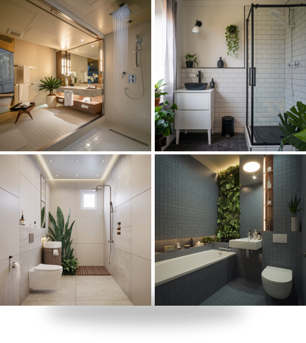 Modern, stylish bathrooms with showers and plants.